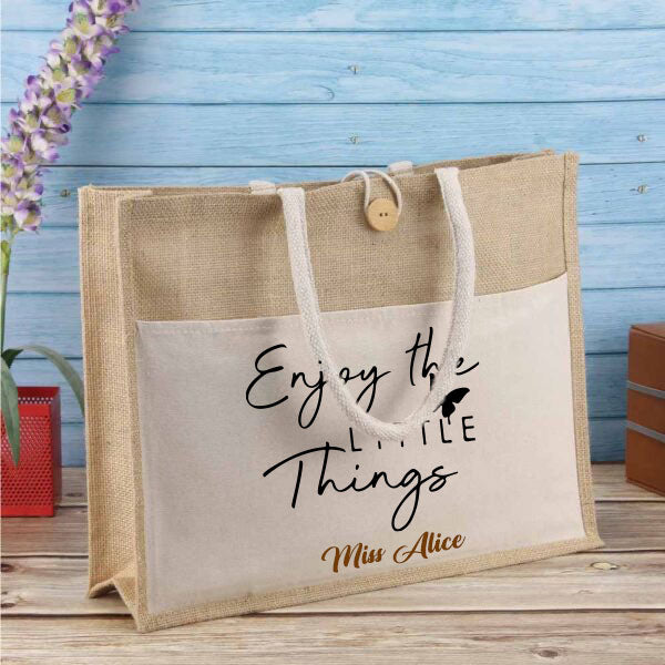 Enjoy The Little Things Jute Bag With Natural Canvas Pocket