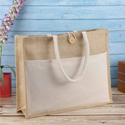 Enjoy The Little Things Jute Bag With Natural Canvas Pocket