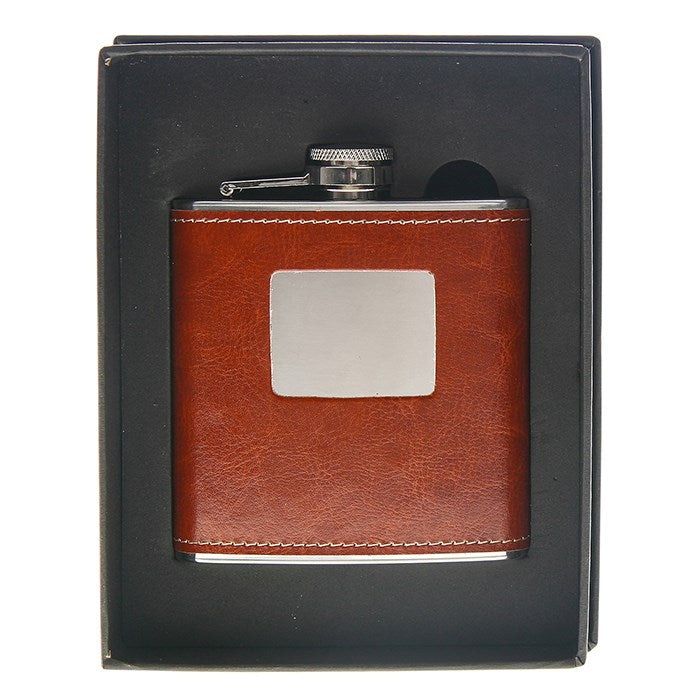 Engraved Brown Leather Hip Flask