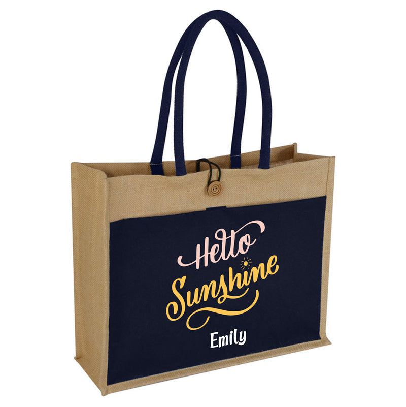 Hello Sunshine Blue Jute Bag With Canvas Pocket