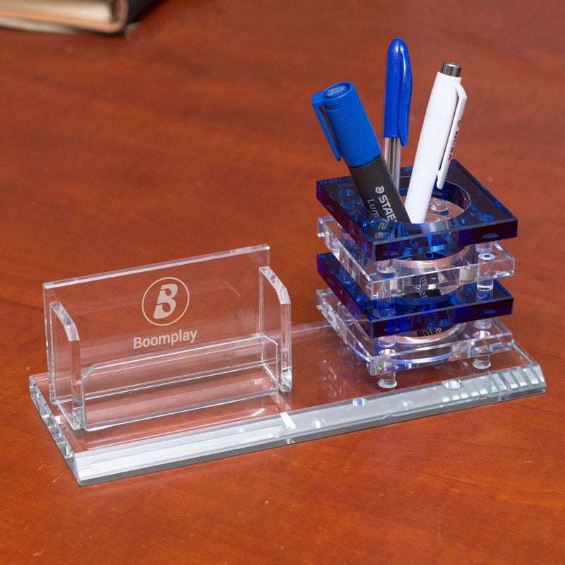 Personalised Crystal Desk Organiser-Blue Stripped